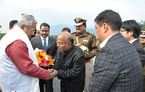 Governor designate Shri PB Acharya received by Chief Minister Shri Pema Khandu  and The Principal Secretary Home Shri Satya Gopal at Raj Bhavan Helipad, Itanagar on 28th January 2017.